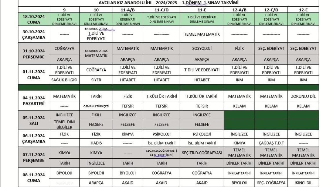 AVCILAR KIZ ANADOLU İMAM HATİP LİSESİ 1. DÖNEM 1. YAZILI SINAV TAKVİMİ